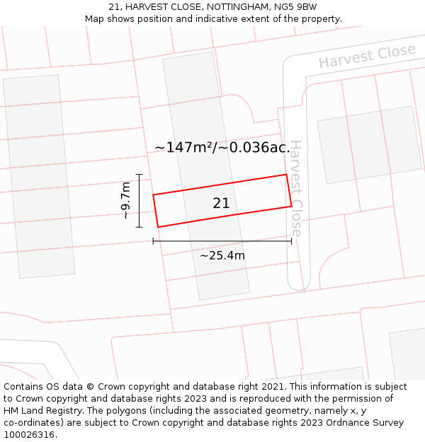 21, HARVEST CLOSE, NOTTINGHAM, NG5 9BW: Plot and title map