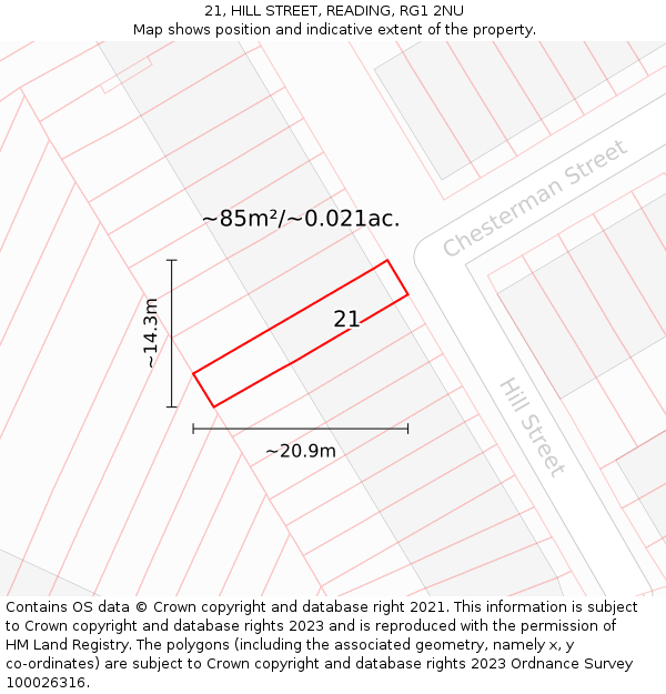 21, HILL STREET, READING, RG1 2NU: Plot and title map