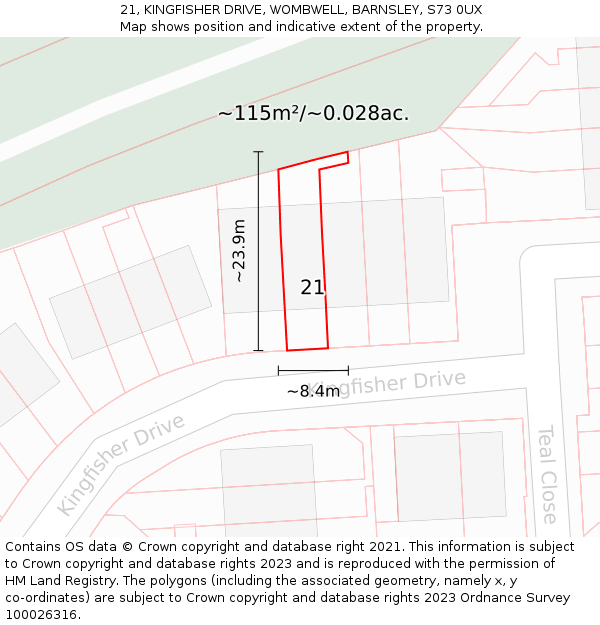 21, KINGFISHER DRIVE, WOMBWELL, BARNSLEY, S73 0UX: Plot and title map