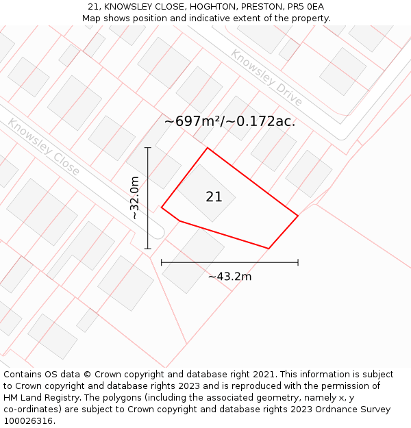 21, KNOWSLEY CLOSE, HOGHTON, PRESTON, PR5 0EA: Plot and title map