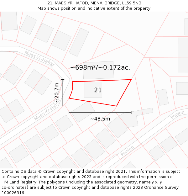 21, MAES YR HAFOD, MENAI BRIDGE, LL59 5NB: Plot and title map