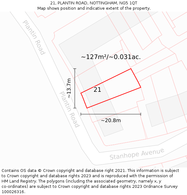 21, PLANTIN ROAD, NOTTINGHAM, NG5 1QT: Plot and title map