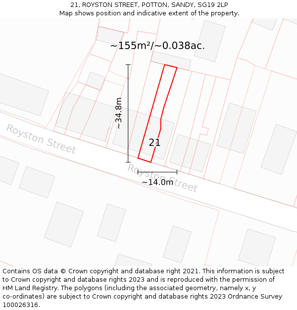 21, ROYSTON STREET, POTTON, SANDY, SG19 2LP: Plot and title map