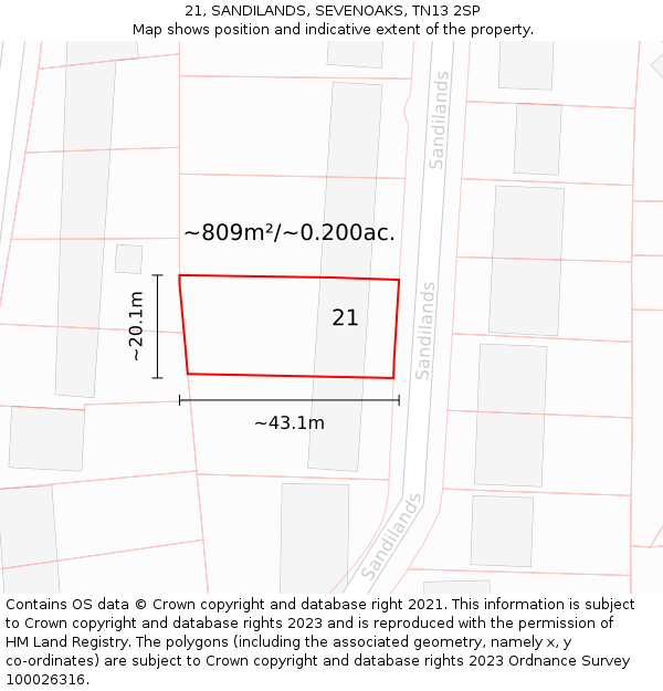21, SANDILANDS, SEVENOAKS, TN13 2SP: Plot and title map