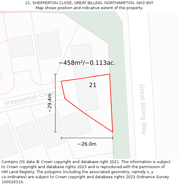 21, SHEPPERTON CLOSE, GREAT BILLING, NORTHAMPTON, NN3 9NT: Plot and title map