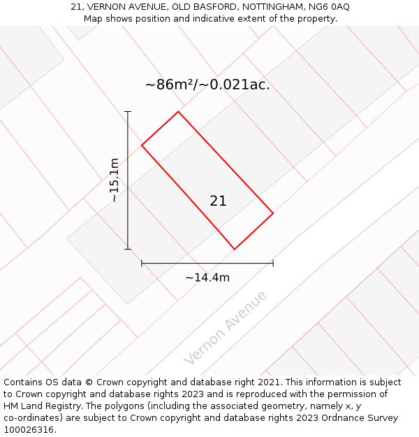 21, VERNON AVENUE, OLD BASFORD, NOTTINGHAM, NG6 0AQ: Plot and title map