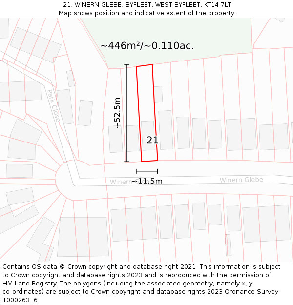 21, WINERN GLEBE, BYFLEET, WEST BYFLEET, KT14 7LT: Plot and title map