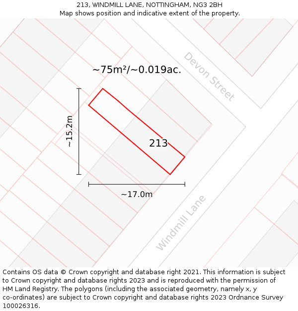 213, WINDMILL LANE, NOTTINGHAM, NG3 2BH: Plot and title map