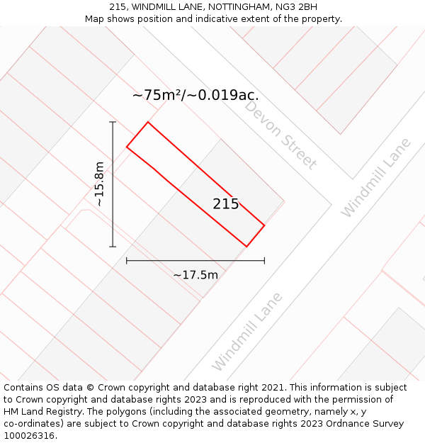 215, WINDMILL LANE, NOTTINGHAM, NG3 2BH: Plot and title map