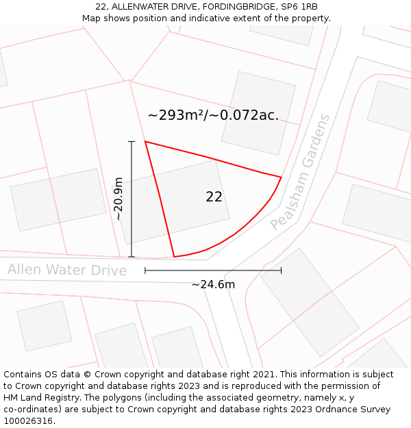 22, ALLENWATER DRIVE, FORDINGBRIDGE, SP6 1RB: Plot and title map