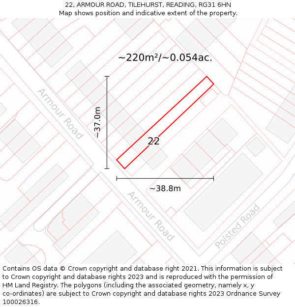 22, ARMOUR ROAD, TILEHURST, READING, RG31 6HN: Plot and title map