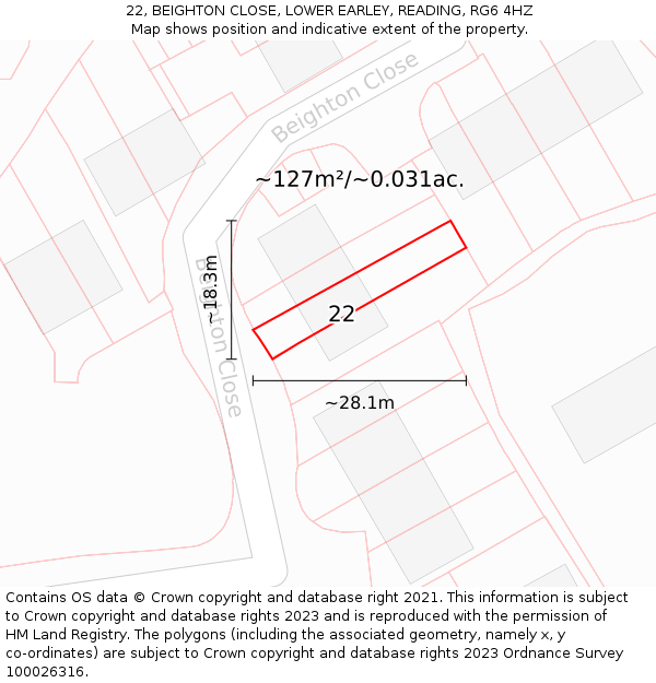 22, BEIGHTON CLOSE, LOWER EARLEY, READING, RG6 4HZ: Plot and title map