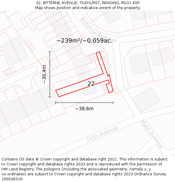 22, BITTERNE AVENUE, TILEHURST, READING, RG31 4SP: Plot and title map