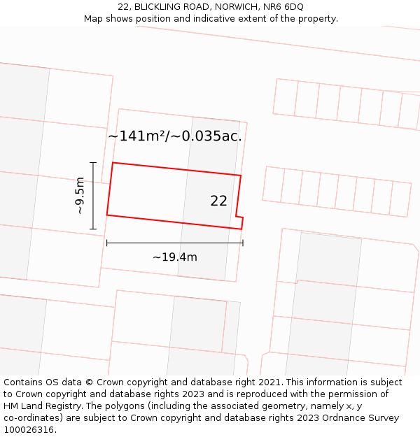22, BLICKLING ROAD, NORWICH, NR6 6DQ: Plot and title map