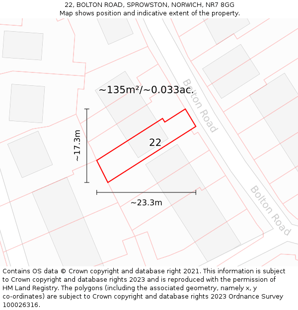 22, BOLTON ROAD, SPROWSTON, NORWICH, NR7 8GG: Plot and title map