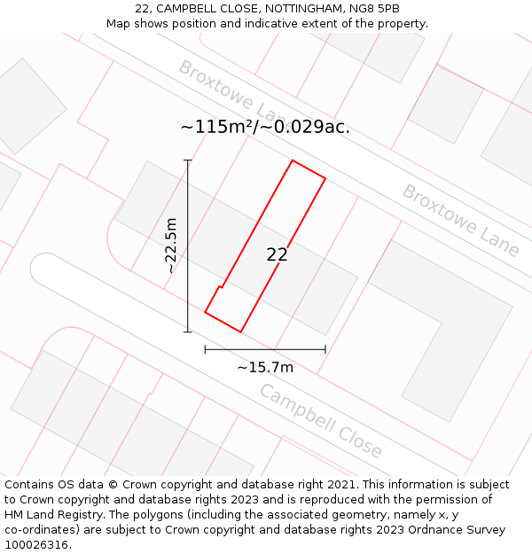 22, CAMPBELL CLOSE, NOTTINGHAM, NG8 5PB: Plot and title map