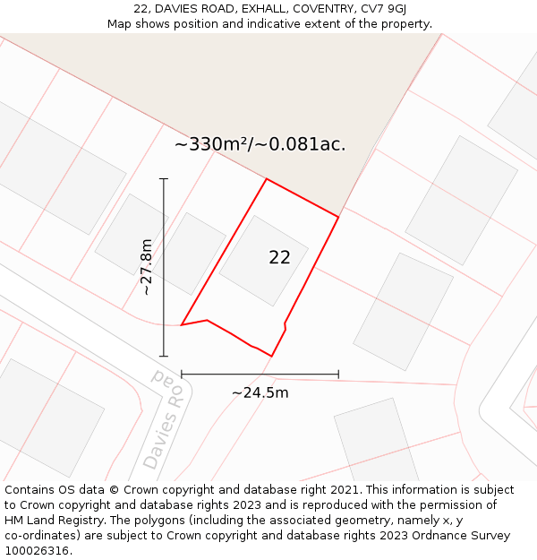 22, DAVIES ROAD, EXHALL, COVENTRY, CV7 9GJ: Plot and title map