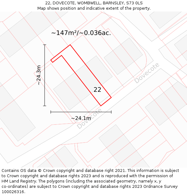 22, DOVECOTE, WOMBWELL, BARNSLEY, S73 0LS: Plot and title map