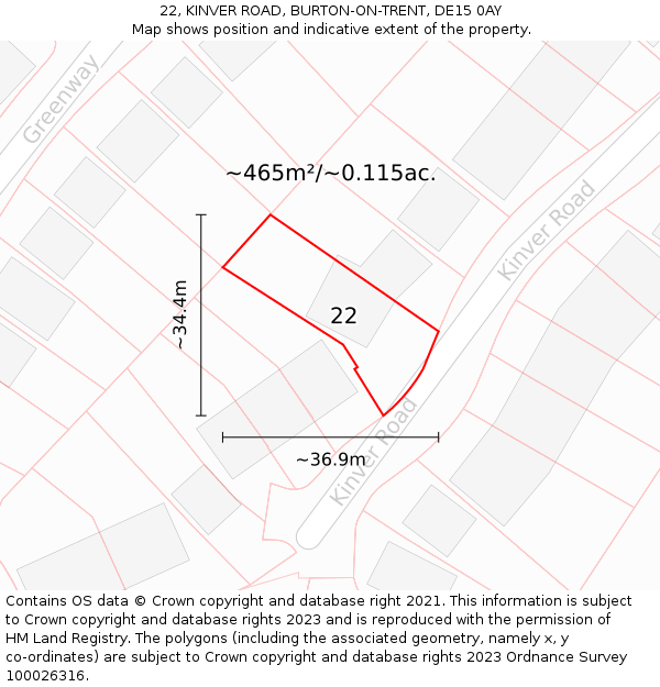 22, KINVER ROAD, BURTON-ON-TRENT, DE15 0AY: Plot and title map