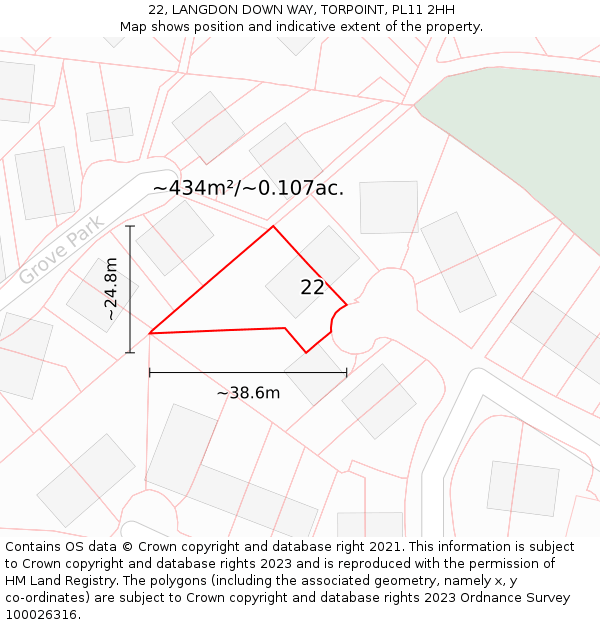 22, LANGDON DOWN WAY, TORPOINT, PL11 2HH: Plot and title map