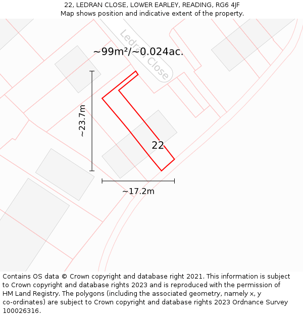 22, LEDRAN CLOSE, LOWER EARLEY, READING, RG6 4JF: Plot and title map