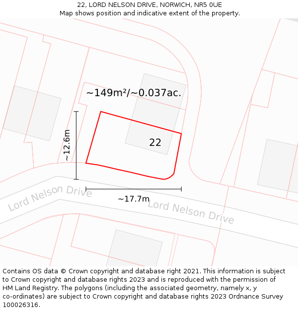 22, LORD NELSON DRIVE, NORWICH, NR5 0UE: Plot and title map