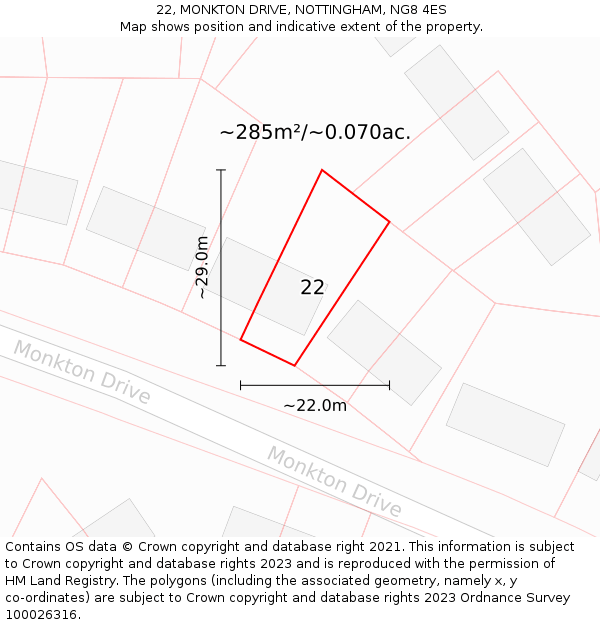22, MONKTON DRIVE, NOTTINGHAM, NG8 4ES: Plot and title map