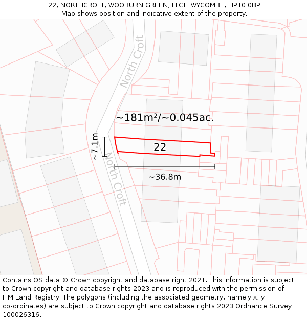 22, NORTHCROFT, WOOBURN GREEN, HIGH WYCOMBE, HP10 0BP: Plot and title map