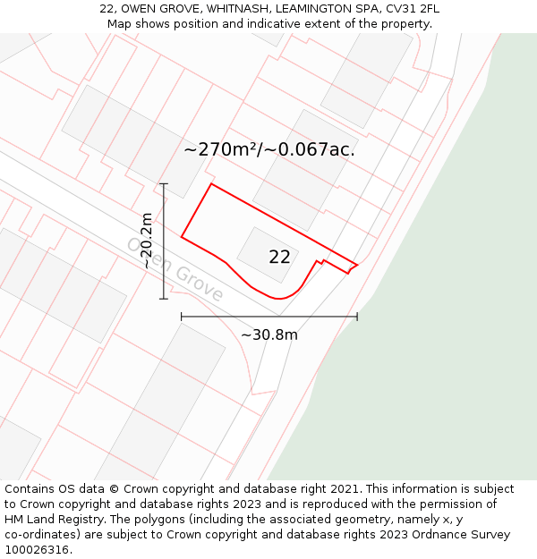 22, OWEN GROVE, WHITNASH, LEAMINGTON SPA, CV31 2FL: Plot and title map