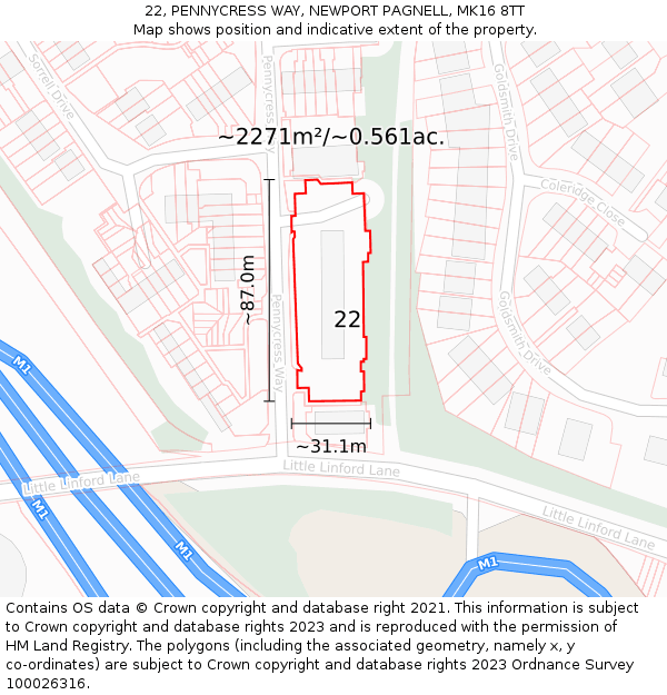 22, PENNYCRESS WAY, NEWPORT PAGNELL, MK16 8TT: Plot and title map