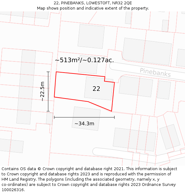 22, PINEBANKS, LOWESTOFT, NR32 2QE: Plot and title map
