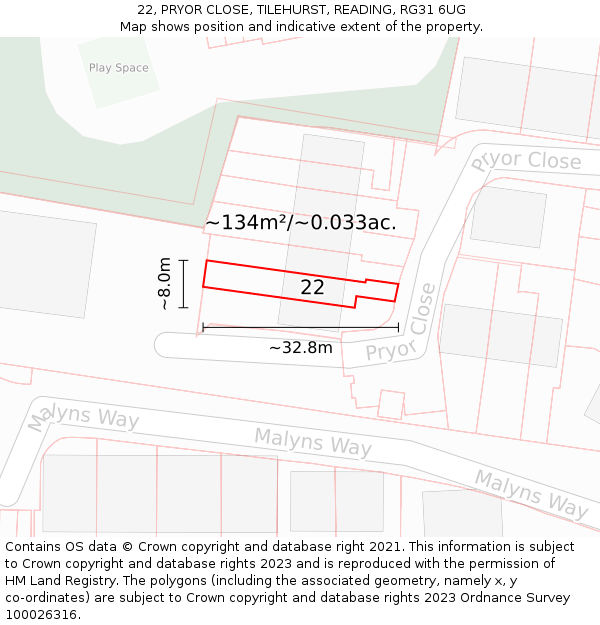 22, PRYOR CLOSE, TILEHURST, READING, RG31 6UG: Plot and title map
