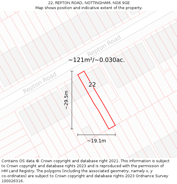 22, REPTON ROAD, NOTTINGHAM, NG6 9GE: Plot and title map