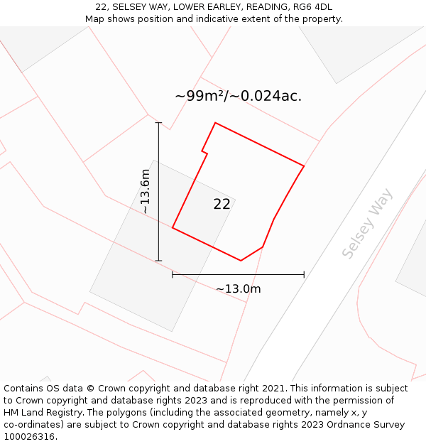 22, SELSEY WAY, LOWER EARLEY, READING, RG6 4DL: Plot and title map