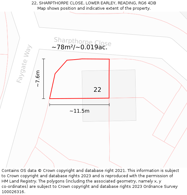22, SHARPTHORPE CLOSE, LOWER EARLEY, READING, RG6 4DB: Plot and title map