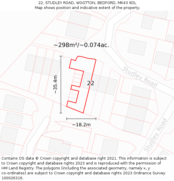 22, STUDLEY ROAD, WOOTTON, BEDFORD, MK43 9DL: Plot and title map