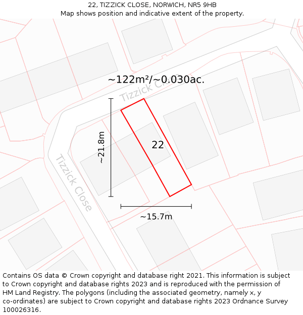 22, TIZZICK CLOSE, NORWICH, NR5 9HB: Plot and title map