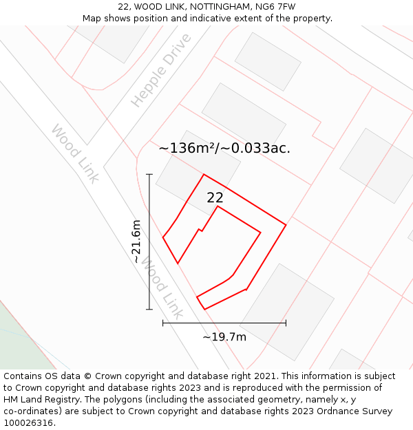 22, WOOD LINK, NOTTINGHAM, NG6 7FW: Plot and title map