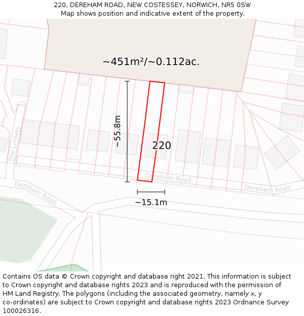220, DEREHAM ROAD, NEW COSTESSEY, NORWICH, NR5 0SW: Plot and title map