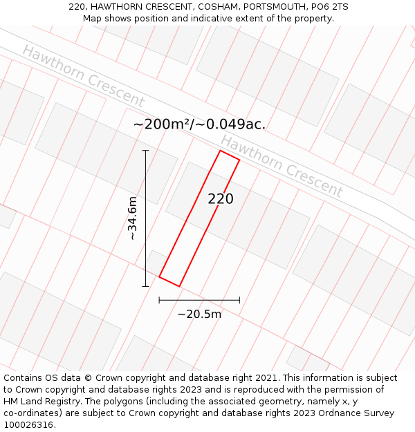220, HAWTHORN CRESCENT, COSHAM, PORTSMOUTH, PO6 2TS: Plot and title map