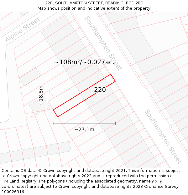 220, SOUTHAMPTON STREET, READING, RG1 2RD: Plot and title map