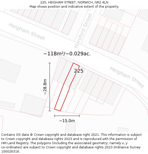 225, HEIGHAM STREET, NORWICH, NR2 4LN: Plot and title map