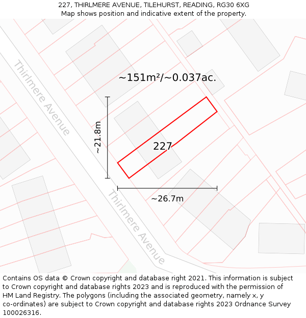227, THIRLMERE AVENUE, TILEHURST, READING, RG30 6XG: Plot and title map