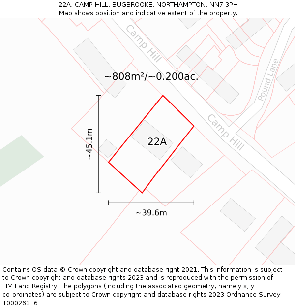 22A, CAMP HILL, BUGBROOKE, NORTHAMPTON, NN7 3PH: Plot and title map