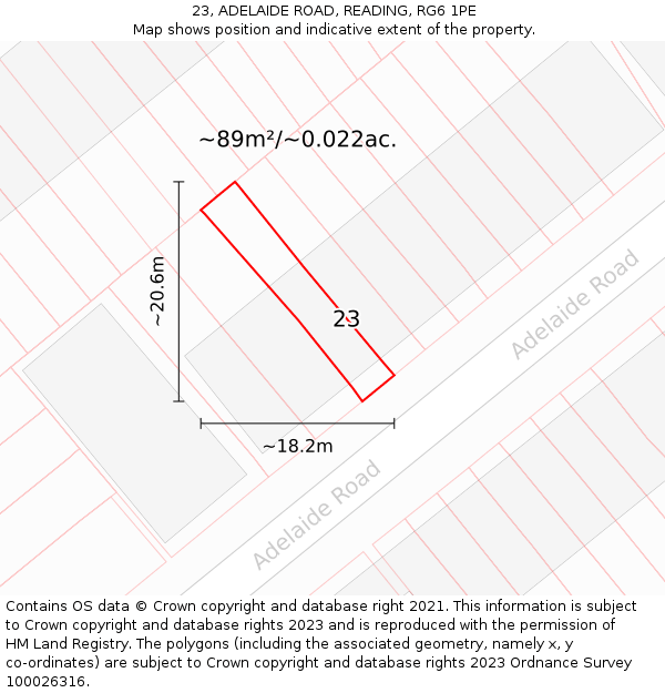23, ADELAIDE ROAD, READING, RG6 1PE: Plot and title map