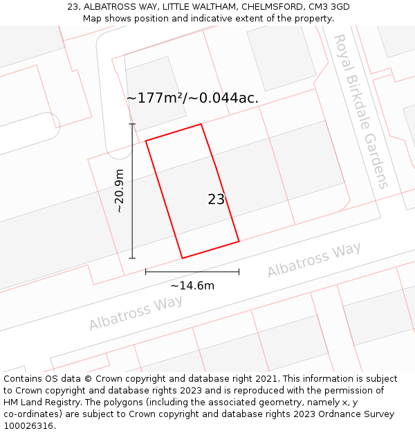 23, ALBATROSS WAY, LITTLE WALTHAM, CHELMSFORD, CM3 3GD: Plot and title map