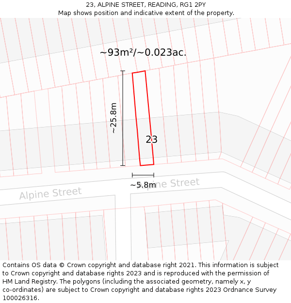 23, ALPINE STREET, READING, RG1 2PY: Plot and title map