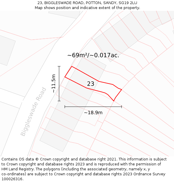 23, BIGGLESWADE ROAD, POTTON, SANDY, SG19 2LU: Plot and title map