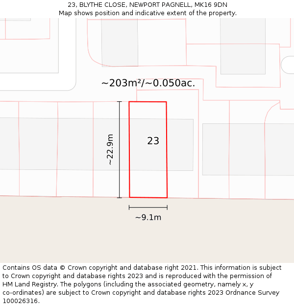 23, BLYTHE CLOSE, NEWPORT PAGNELL, MK16 9DN: Plot and title map