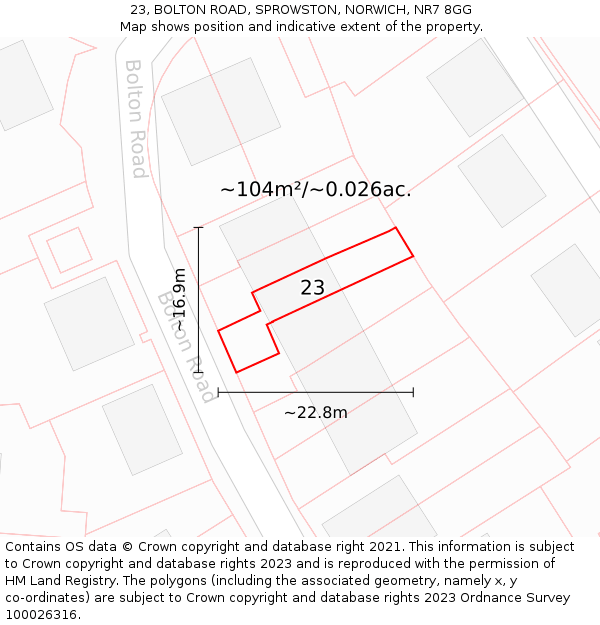 23, BOLTON ROAD, SPROWSTON, NORWICH, NR7 8GG: Plot and title map
